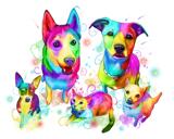 Pilna ķermeņa varavīksnes akvareļu jauktu suņu un kaķu karikatūras portrets no fotoattēliem