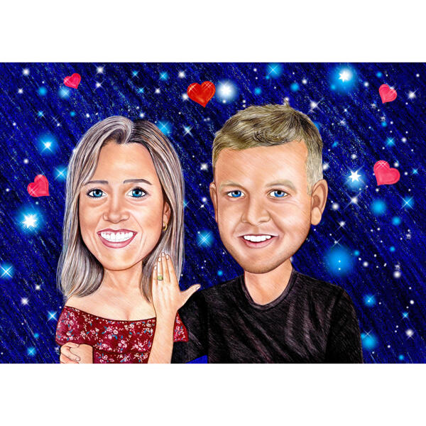 Карикатура пары на фоне романтической звездной ночи для подарка на помолвку