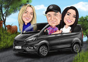 Familie med tre i bil - Farvet karikatur fra fotos