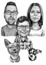 Retrato de una familia con su mascota en estilo caricatura, en blanco y negro.