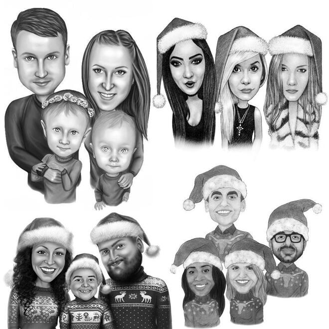 Рождественская групповая карикатура в черно-белом стиле