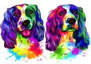 Pár portrétů španělských psů v karikaturním stylu v jasném neonovém akvarelu z fotografií