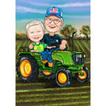 Grandfather with Kid in Tractor Cartoon Portrait