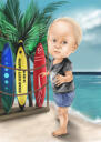 Cartoon Seaside Drawing Art - Custom Full Body Colored Style Caricature Hand-Drawn from Photos