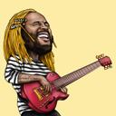 Persona con caricatura di cartone animato di chitarra da foto su uno sfondo di colore