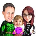 Family Caricature with Random Superhero Costumes in Colored Style