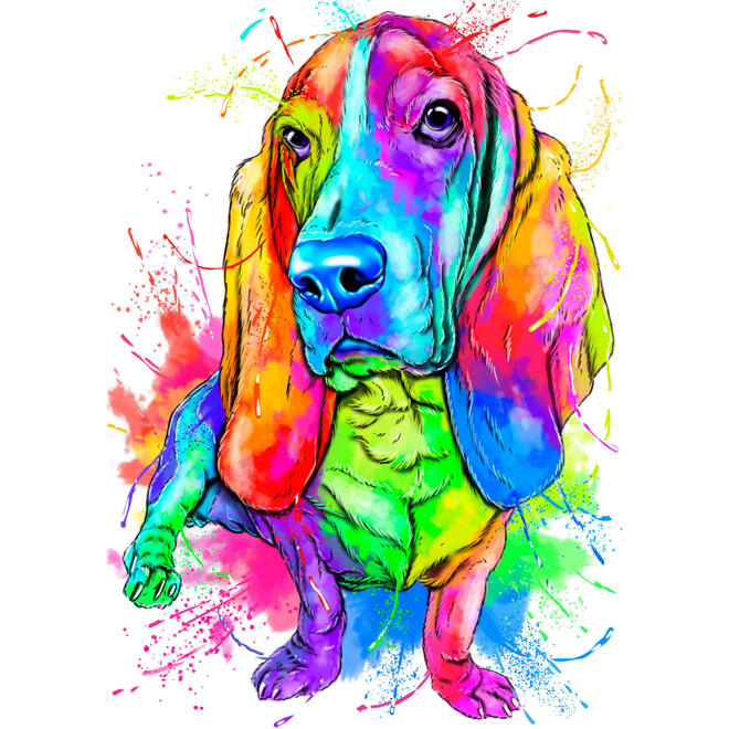 Fuldkrop Basset hundekarikaturportræt i lyse akvareller