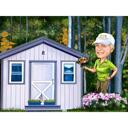 Caricatura del giardiniere in stile a colori con sfondo personalizzato dalla foto
