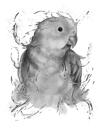Putnu karikatūras portrets pelēktoņu akvareļa stilā no fotoattēla