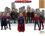 Superkangelaste poiste rühma karikatuur kogu keha värvistiilis kohandatud taustal