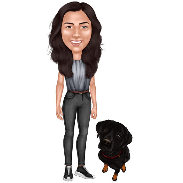 Propriétaire avec chien - Caricature en pied en couleur
