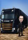 Karikatuur van vrachtwagenchauffeur in kleurstijl op aangepaste achtergrond
