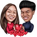 Caricature de couple tenant des coeurs