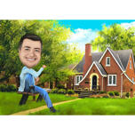 Caricature de personne avec une nouvelle maison dessinée à la main dans un style coloré à partir d'une photo