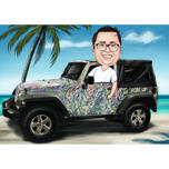 Bărbat în Jeep pe fundal de vacanță