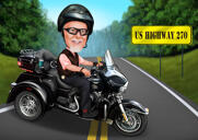Caricatura de dibujos animados de motociclista en estilo coloreado de la foto