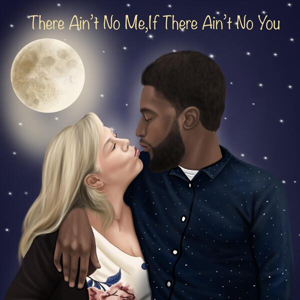Романтический портрет целующейся пары в цветном стиле из фото на фоне луны
