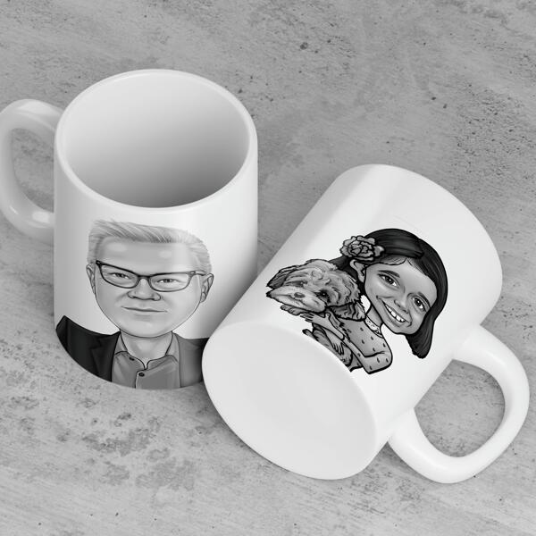 Dibujos animados en blanco y negro en la taza