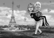 Full Body Couple Caricature with Romantic Paris Background in Black and White Style