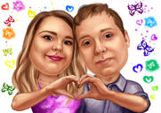 Par som gör handhjärta romantisk karikatyr från foton med enfärgad bakgrund
