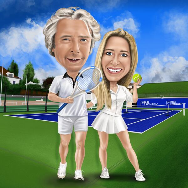 Карикатура пары на теннисной площадке, нарисованная в цветном стиле по фотографиям