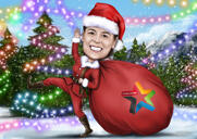 Zimní karikatura s pozadím zasněženého vánočního stromku pro vlastní dárek