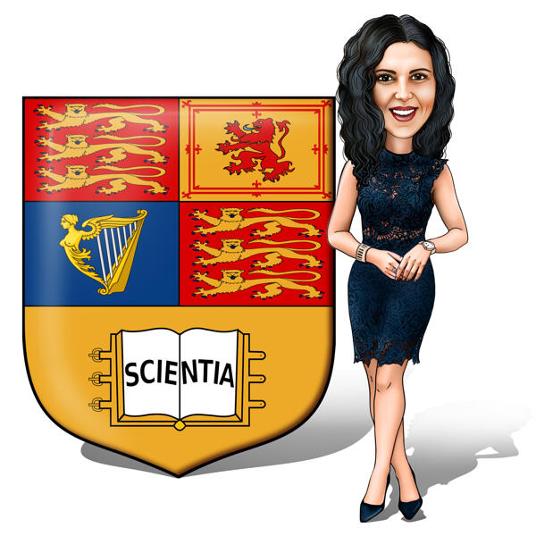 Abschlusskarikatur mit großem Universitätslogo