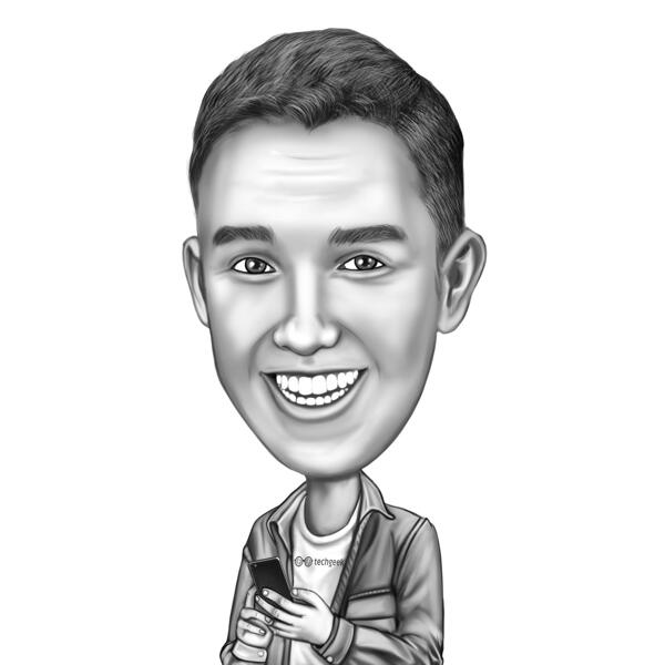 Person with Phone Cartoon Portrait in Black and White Style from Photo