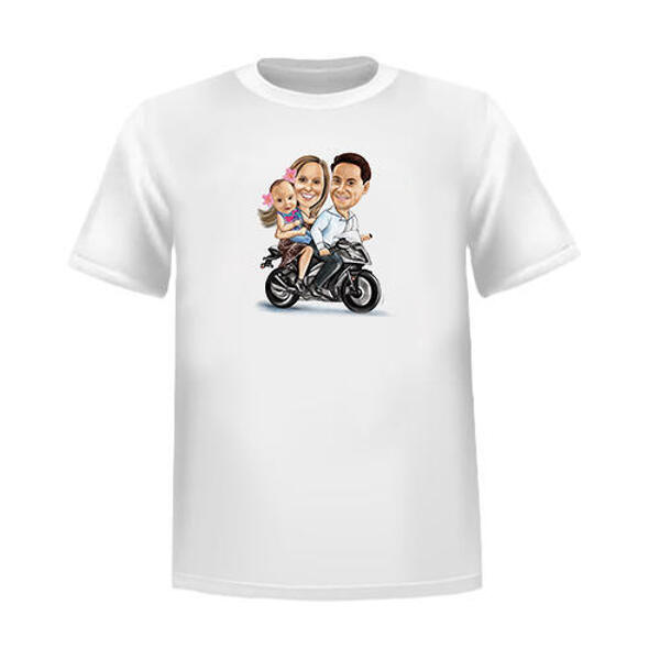 Família na caricatura de motocicleta em estilo colorido como impressão de camiseta