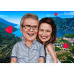 Caricature de couple dans le style de couleur de la photo sur fond de paysage