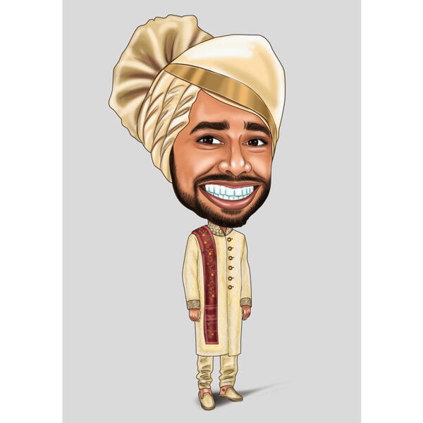 Caricatura esagerata dello sposo indiano personalizzato da foto su sfondo a colori