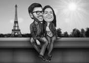 Romantilise Pariisi taustaga täiskehaga paarikarikatuur mustvalges stiilis