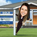 Caricatura de agente inmobiliario girando sobre cartel de vendido