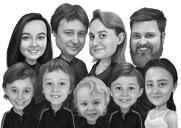 Velká rodinná skupinová karikatura v černobílém stylu