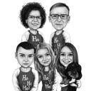 Rodina s domácím mazlíčkem kreslený portrét v černobílém stylu