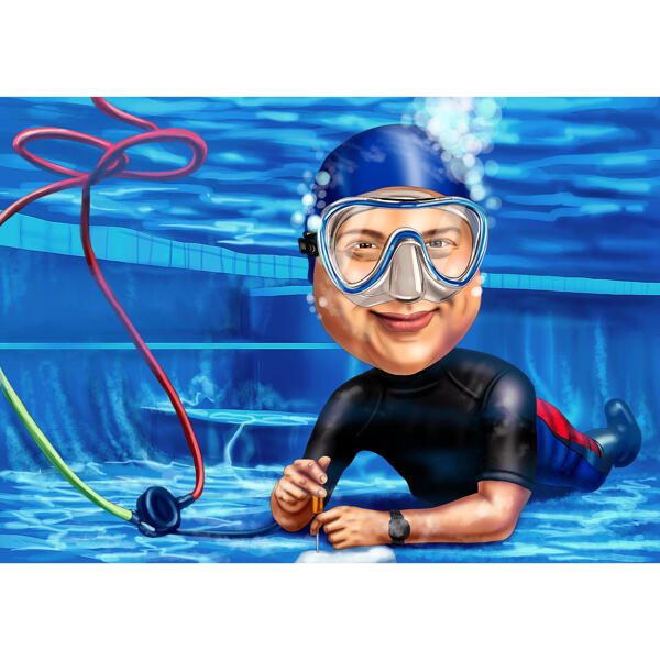 كاريكاتير شخص مخصص تحت الماء مع خلفية حوض السباحة