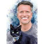 Mies kissan akvarellipiirroksen kanssa