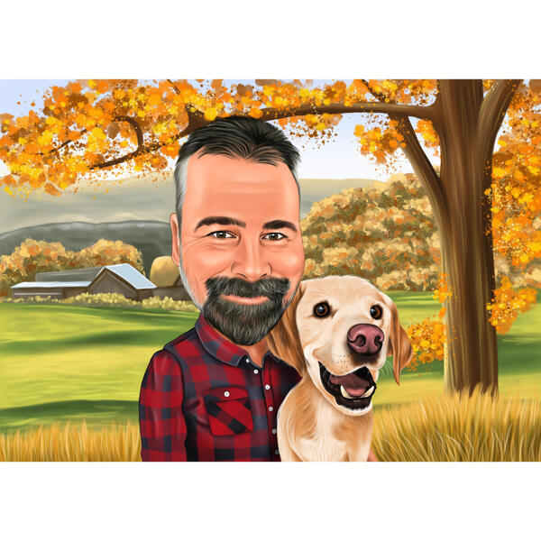 Majitel s karikaturou pro domácí mazlíčky s podzimním pozadím - nápad na dárek pro milovníky domácích mazlíčků