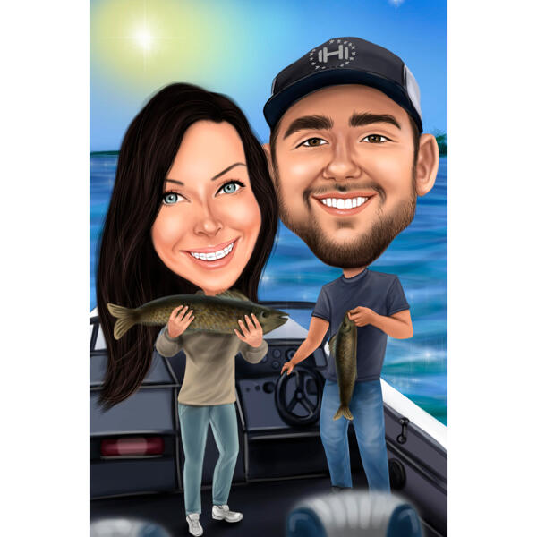 Caricatura de pesca de casal presente de foto com fundo personalizado