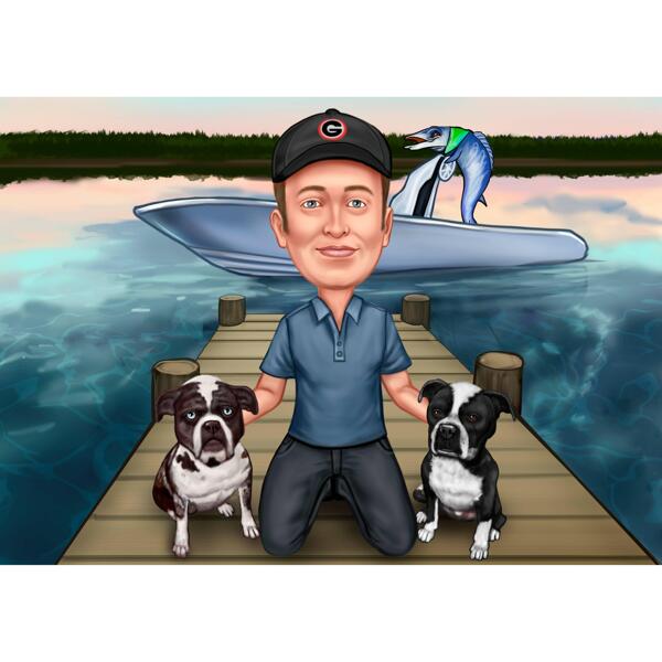 Цветная карикатура "Человек с собаками на рыбалке" с нестандартным фоном