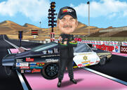Karikatura řidiče závodního auta v barevném stylu s vlastním pozadím z fotografie