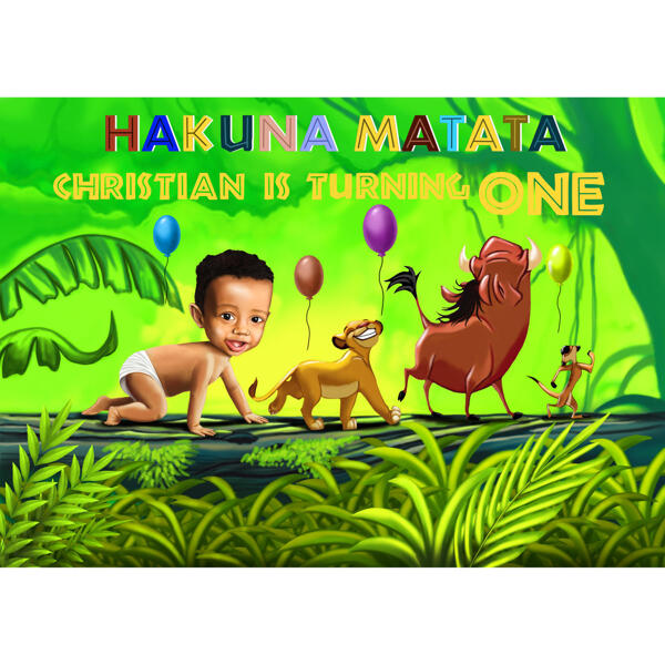 Caricatura bebelușului pentru prima aniversare: stil Hakuna Matata