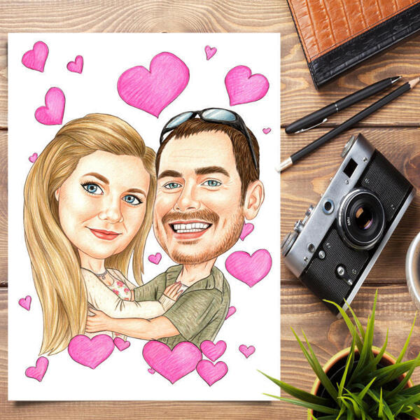 طباعة ملصق للزوجين الرومانسيين الرسم مع خلفية قلوب