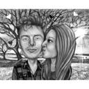 Amorous Kiss on Cheek Couple Drawing in Black and White Style with Custom Background