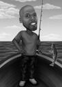 Pilna ķermeņa zvejnieka karikatūra melnbaltā stilā ar pielāgotu fonu