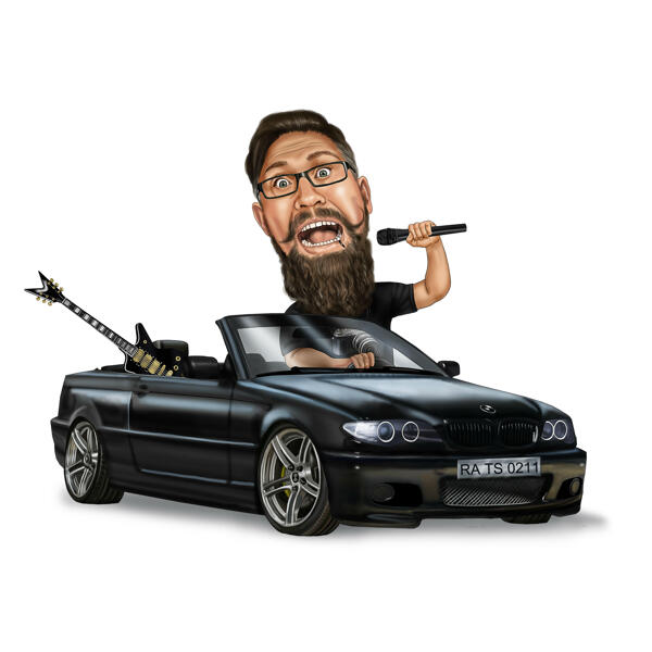 Mies avoautossa ja rekvisiitta