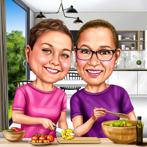 طبخ كاريكاتير لشخصين مرسومة باليد بأسلوب ملون مع خلفية مخصصة