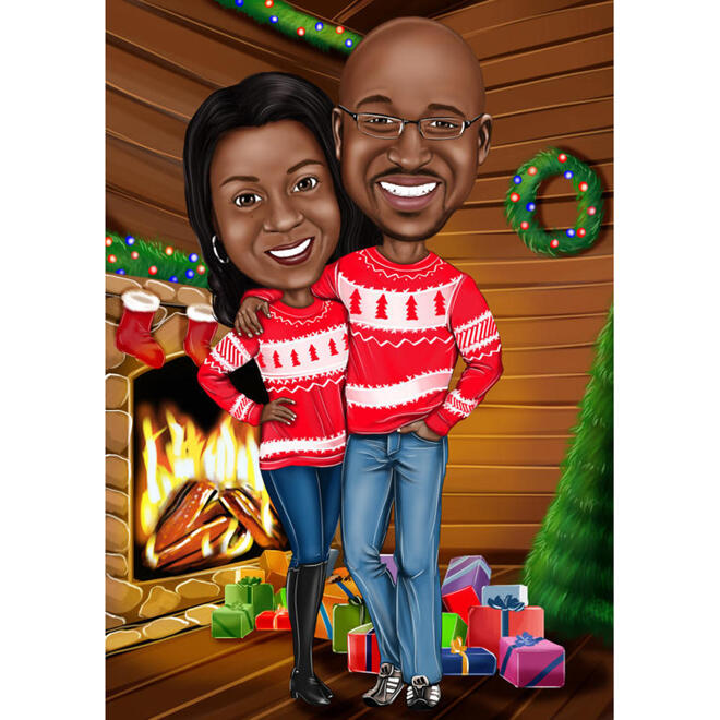 Couple in Ugly Sweaters with Fireplace