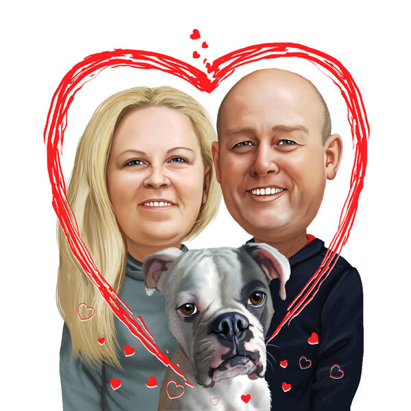 Карикатура пары с собакой-боксером в сердце для подарка любителям домашних животных