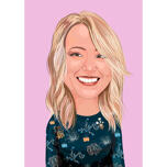 Iloinen nainen karikatyyri muotokuva vaaleanpunaisella taustalla piirretty valokuvista